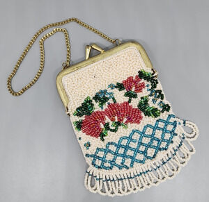 Beaded Small 5in Coin Purse Floral with Fringe Gold Tone Kiss Lock Art Deco